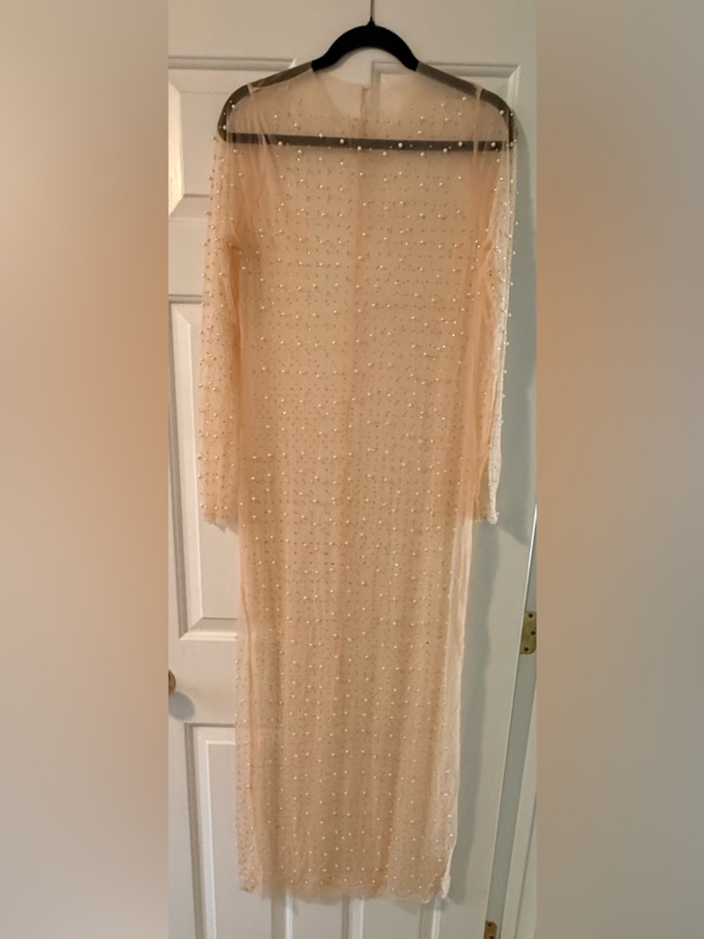 Beaded Nude/Peach Sheer Long Sleeve Maxi Dress - L